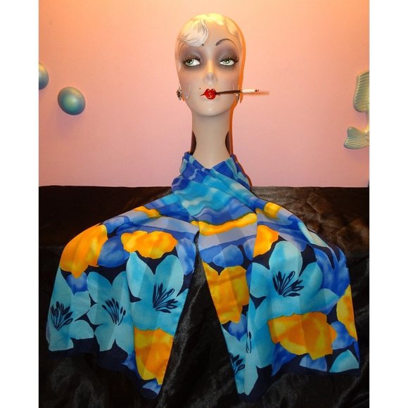 Vintage Blue & Yellow Long Floral Scarf made in Italy boho head wrap neck scarve - Picture 3 of 14